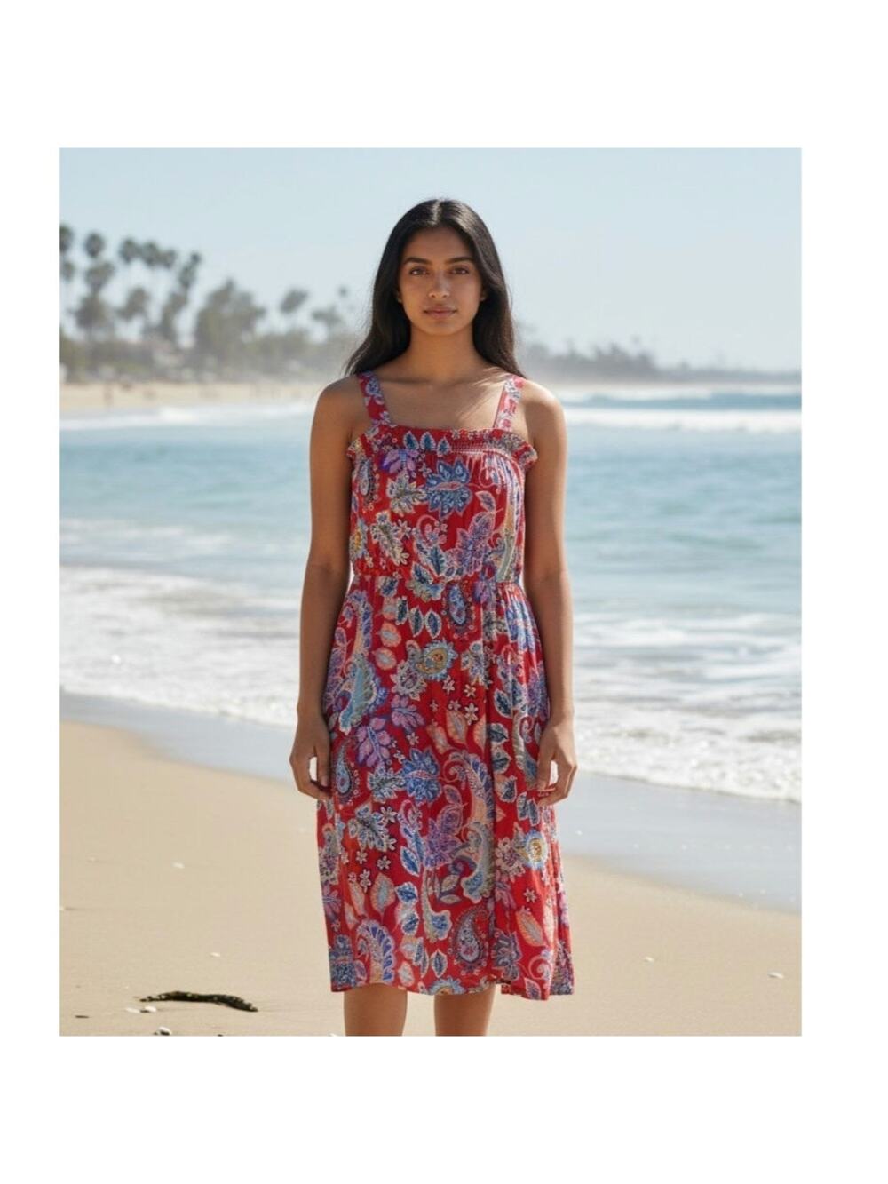 Talbots Paisley Floral Midi Dress Red Blue Cotton Smocked Back Womens 16